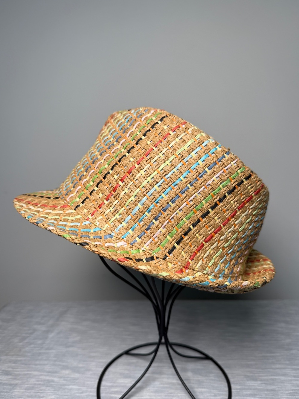 PANAMA JACK | Multicolor Woven Straw Fedora Trilby Hat Boho Rainbow Stripe